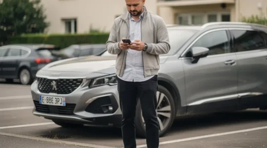 Conducteur consultant son smartphone près de sa voiture dans un parking résidentiel
