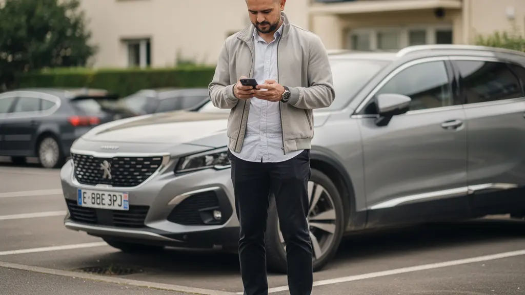 Conducteur consultant son smartphone près de sa voiture dans un parking résidentiel