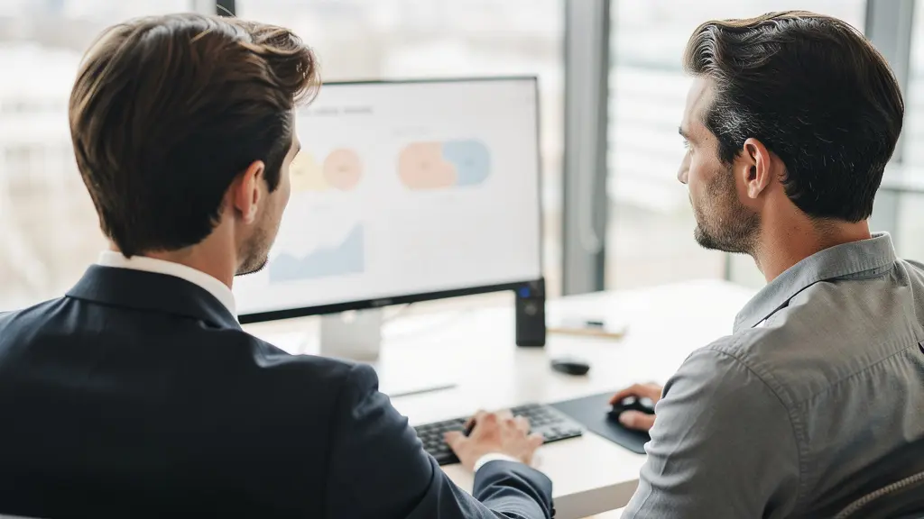 Conseiller en assurance et client discutant devant un écran d'ordinateur