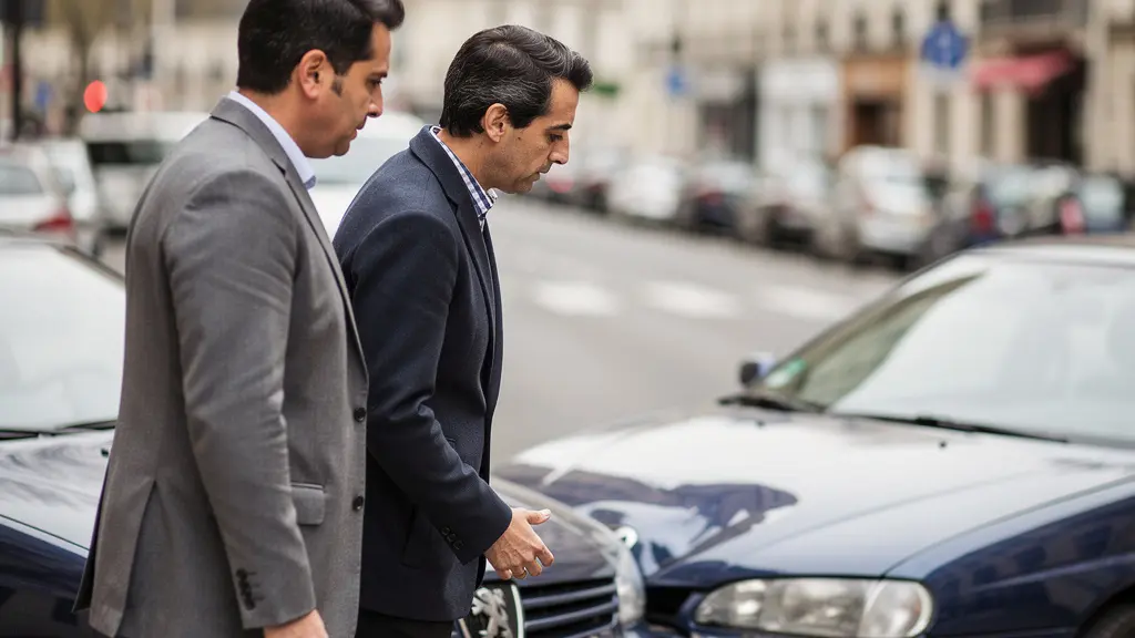 Deux conducteurs européens constatant les dégâts mineurs après un accrochage