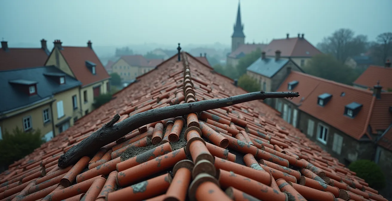 Vue en plongée d'une toiture en tuiles endommagée par une tempête avec des branches d'arbre, illustrant les dégâts couverts par la garantie catastrophe naturelle
