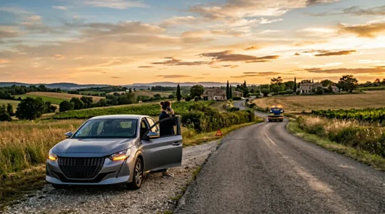 Voiture immobilisée avec dépanneur professionnel en intervention sur une route française