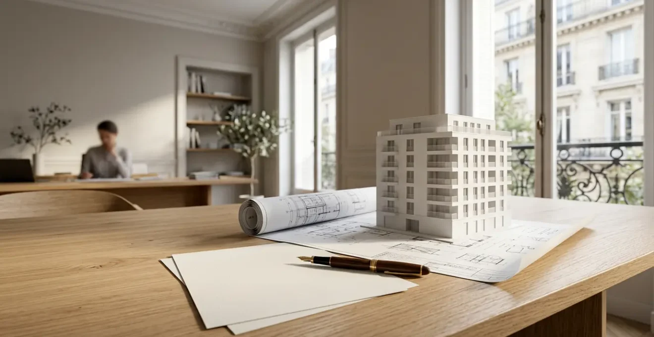 Bureau moderne avec documents d'assurance PNO et maquette d'immeuble, représentant la protection du patrimoine immobilier