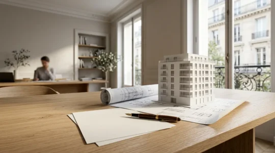 Bureau moderne avec documents d'assurance PNO et maquette d'immeuble, représentant la protection du patrimoine immobilier
