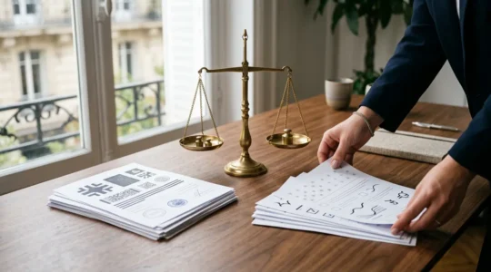 Personne comparant des documents d'assurance avec une balance symbolique entre protection et liberté de choix