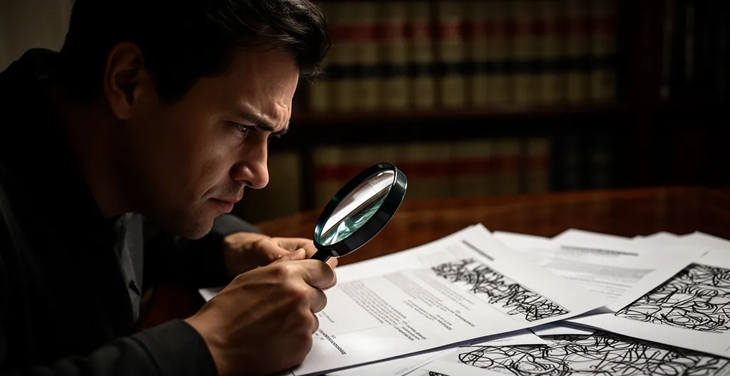 Assuré examinant attentivement des documents d'assurance avec une loupe dans un bureau juridique