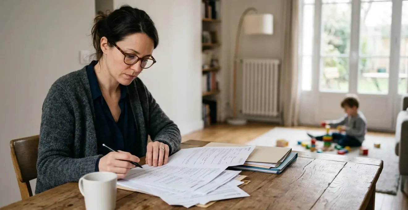 Parent examinant attentivement des documents d'assurance avec un enfant floue en arrière-plan dans un environnement domestique lumineux