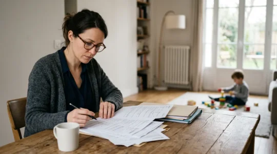 Parent examinant attentivement des documents d'assurance avec un enfant floue en arrière-plan dans un environnement domestique lumineux