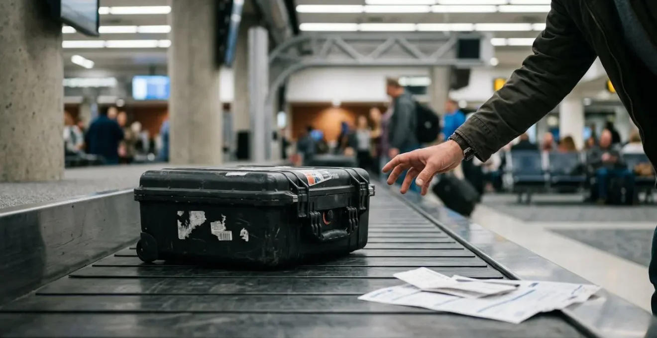 Zone de réclamation bagages à l'aéroport avec valise et documents de voyage