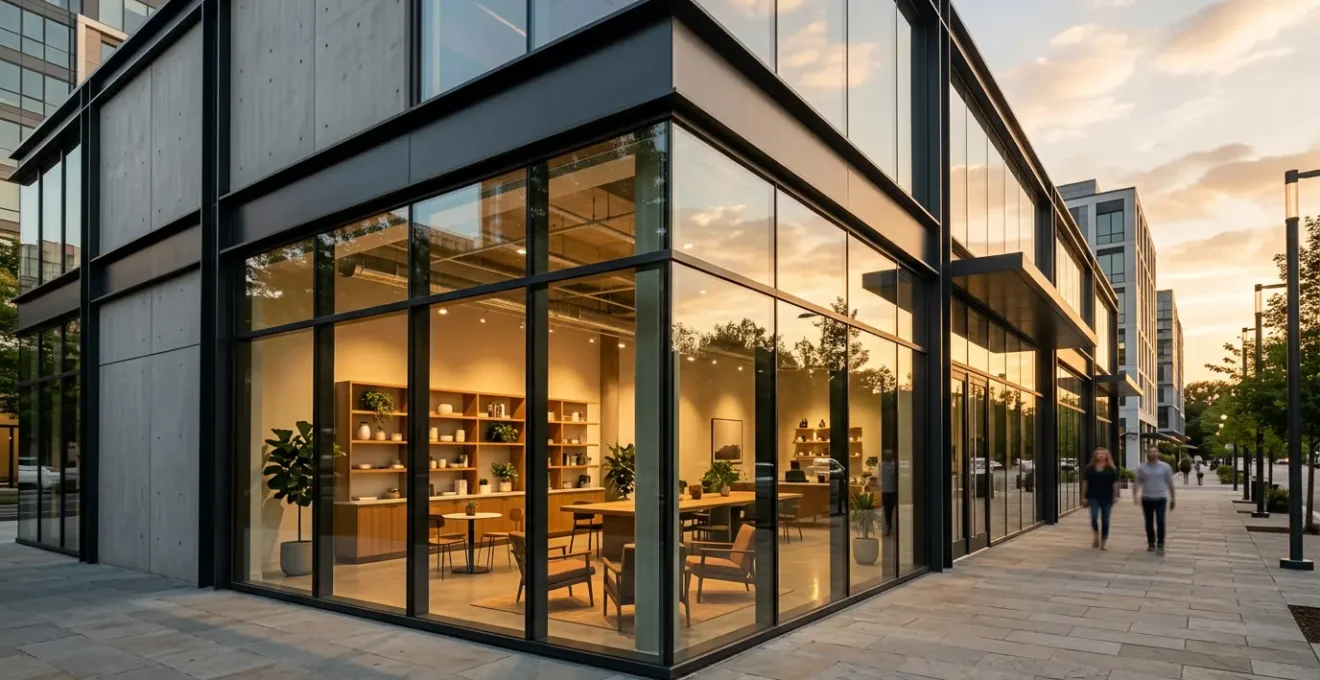 Vue grand angle d'un local commercial moderne avec vitrines et aménagements intérieurs visibles en transparence