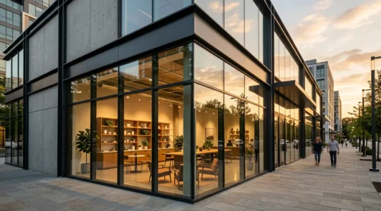 Vue grand angle d'un local commercial moderne avec vitrines et aménagements intérieurs visibles en transparence