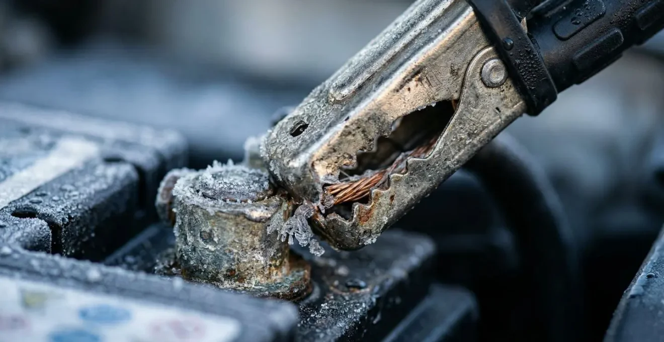 Gros plan sur une batterie de voiture avec câbles de démarrage en hiver