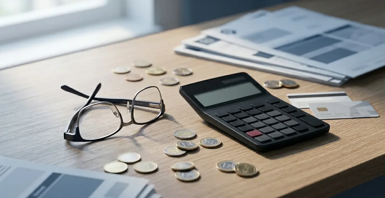 Vue comparative d'une calculatrice moderne avec des lunettes progressives haut de gamme et des documents de mutuelle santé sur un bureau élégant