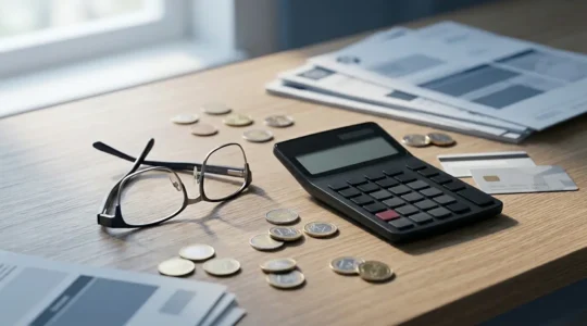 Vue comparative d'une calculatrice moderne avec des lunettes progressives haut de gamme et des documents de mutuelle santé sur un bureau élégant
