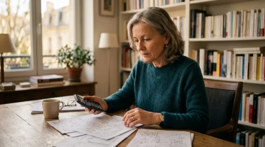 Senior analysant des documents de retraite avec calculatrice et tableaux financiers