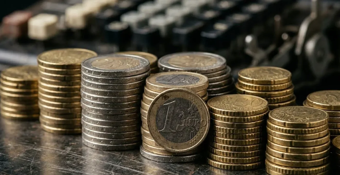 Calculatrice et documents financiers flous avec pièces de monnaie au premier plan