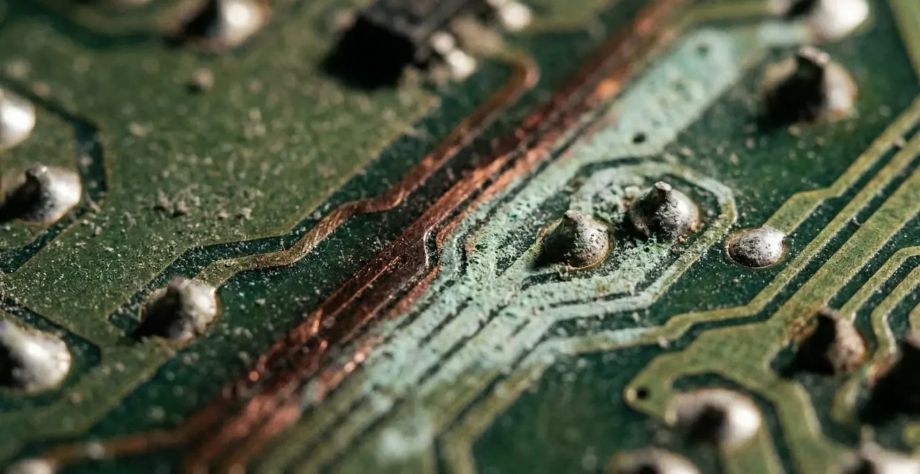 Détail macro d'une texture de circuit imprimé ancien montrant l'usure du temps