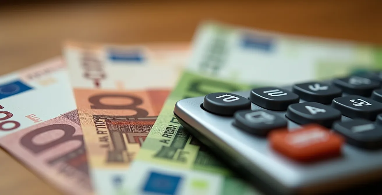 Calculatrice moderne entourée de billets euros sur bureau en bois clair avec lumière naturelle