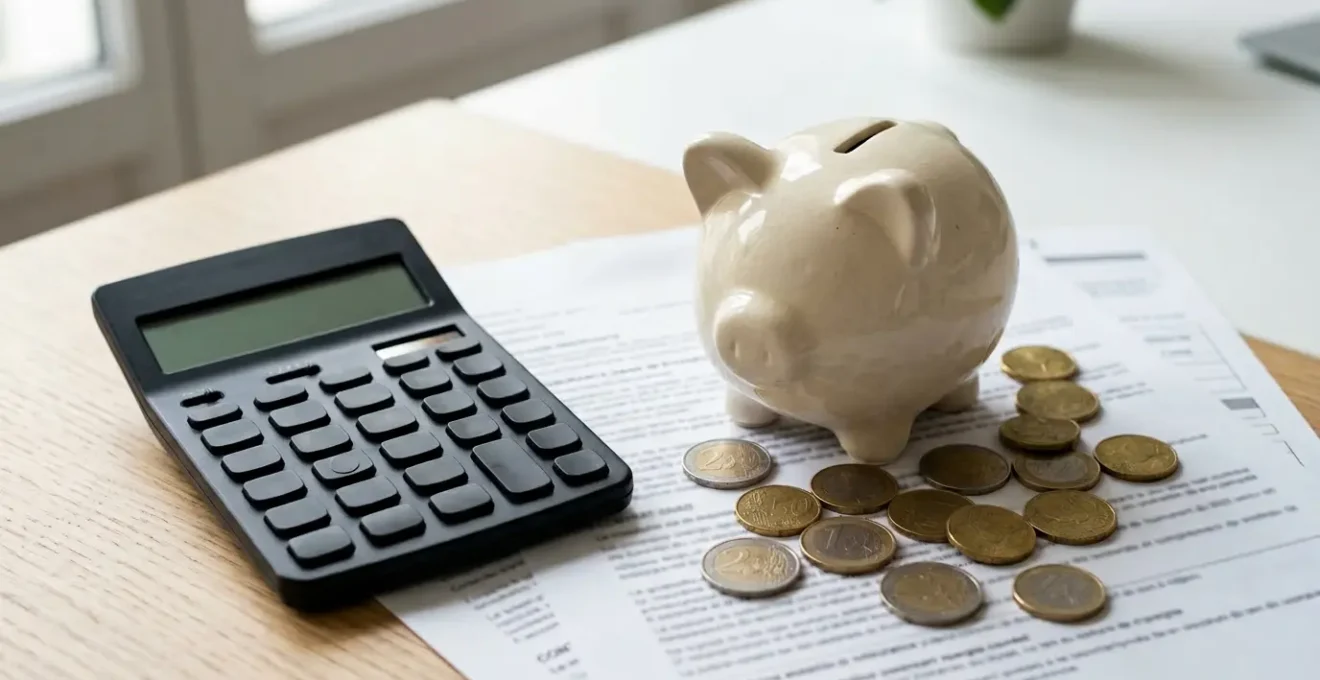 Calculatrice posée sur documents d'assurance auto avec tirelire cochon et pièces d'euros représentant les économies réalisées