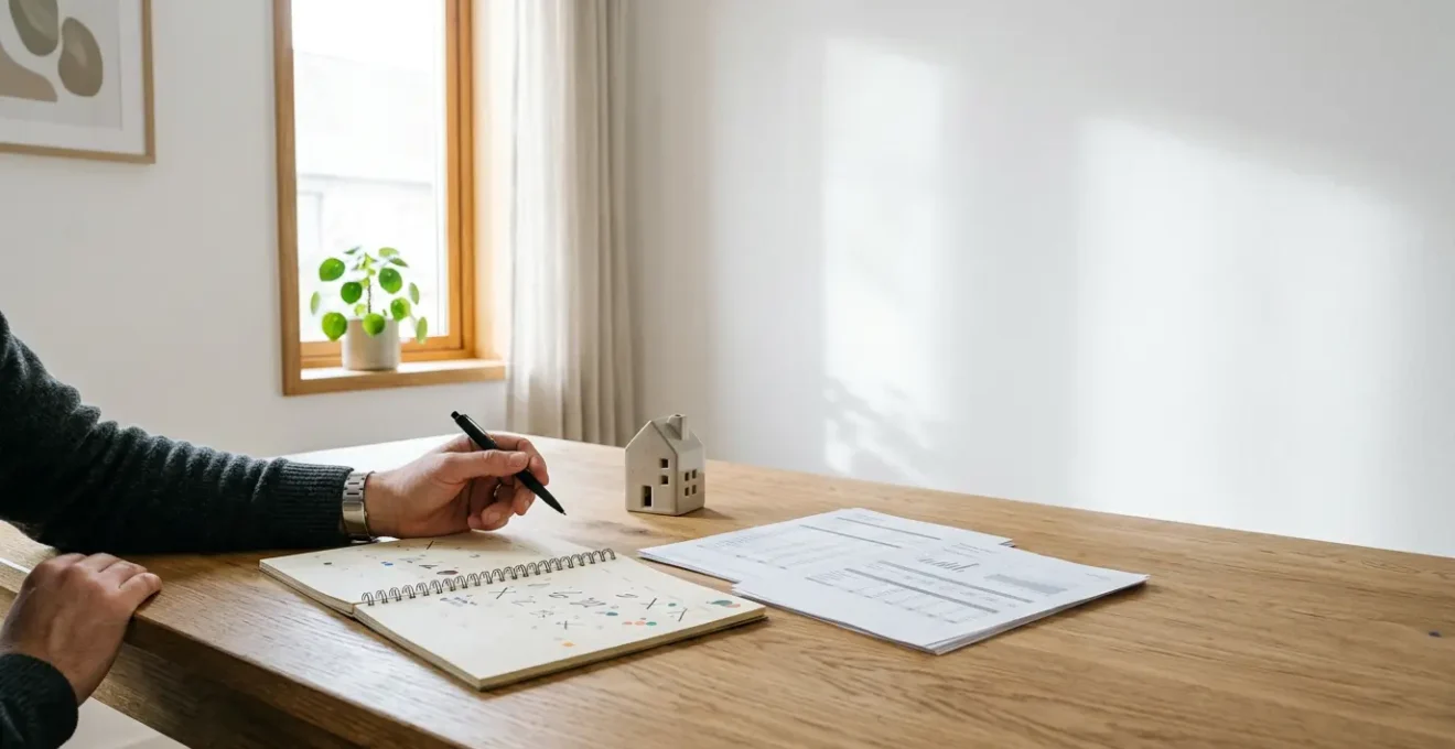 Vue d'ensemble d'un bureau avec calendrier et documents de prêt immobilier pour planifier l'assurance emprunteur