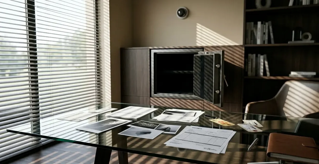 Scène d'enquête moderne avec documents de preuves, ordinateur portable et coffre-fort ouvert dans un intérieur sophistiqué