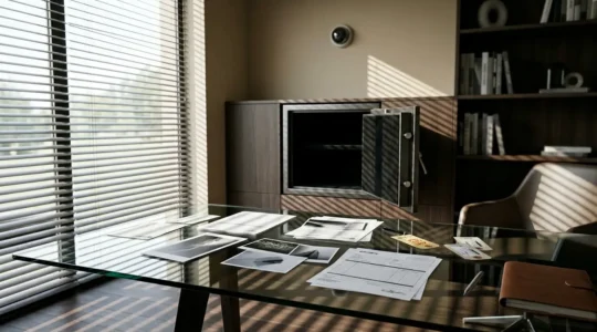 Scène d'enquête moderne avec documents de preuves, ordinateur portable et coffre-fort ouvert dans un intérieur sophistiqué