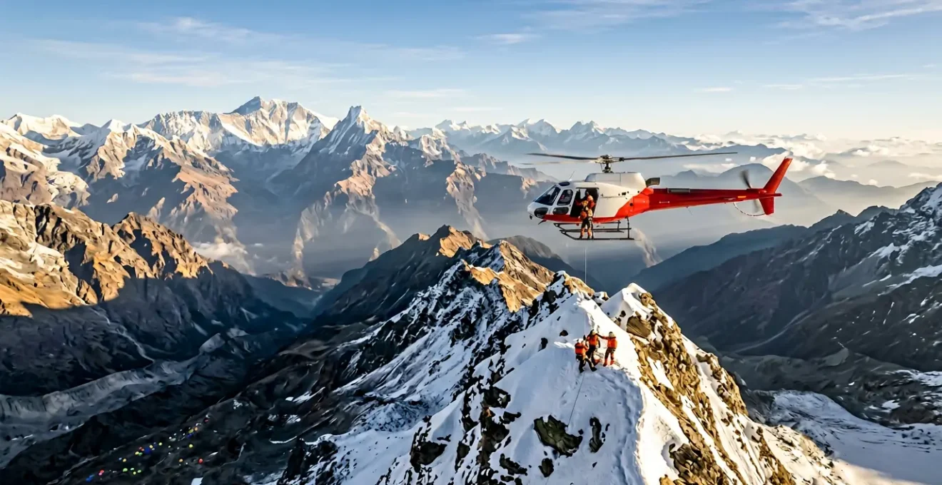 Vue aérienne d'un hélicoptère de secours survolant les montagnes enneigées de l'Himalaya avec un campement de trek visible au loin