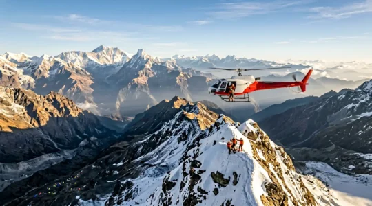 Vue aérienne d'un hélicoptère de secours survolant les montagnes enneigées de l'Himalaya avec un campement de trek visible au loin