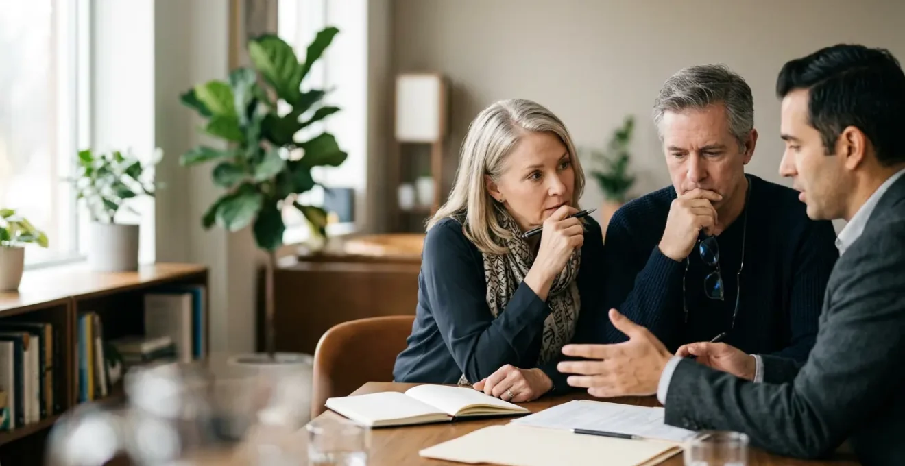 Couple de quinquagénaires consultant des documents financiers avec conseiller dans un bureau lumineux