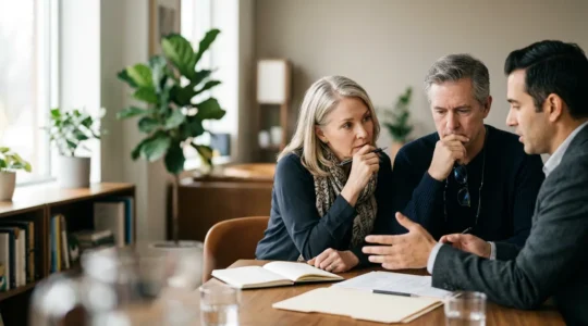 Couple de quinquagénaires consultant des documents financiers avec conseiller dans un bureau lumineux