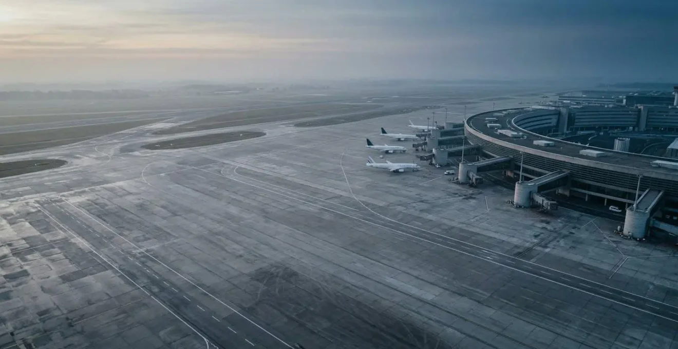 Vue aérienne d'un terminal d'aéroport avec avions immobilisés et espaces vides