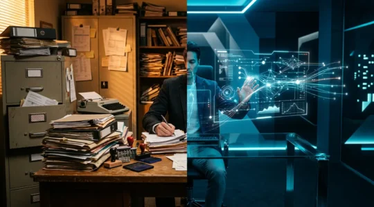 Comparaison entre assurance auto traditionnelle et digitale avec écrans et documents