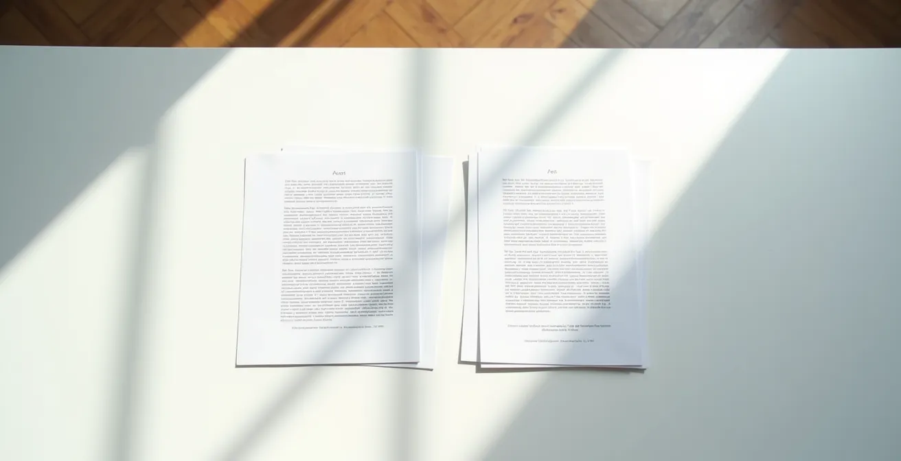 Vue en plongée de deux documents d'assurance posés côte à côte sur une table éclairée