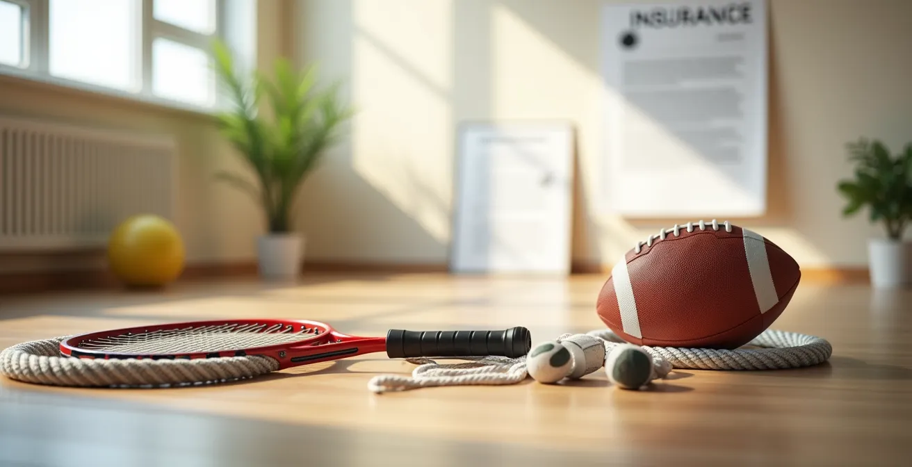 Équipements sportifs disposés sur une surface avec documents flous en arrière-plan