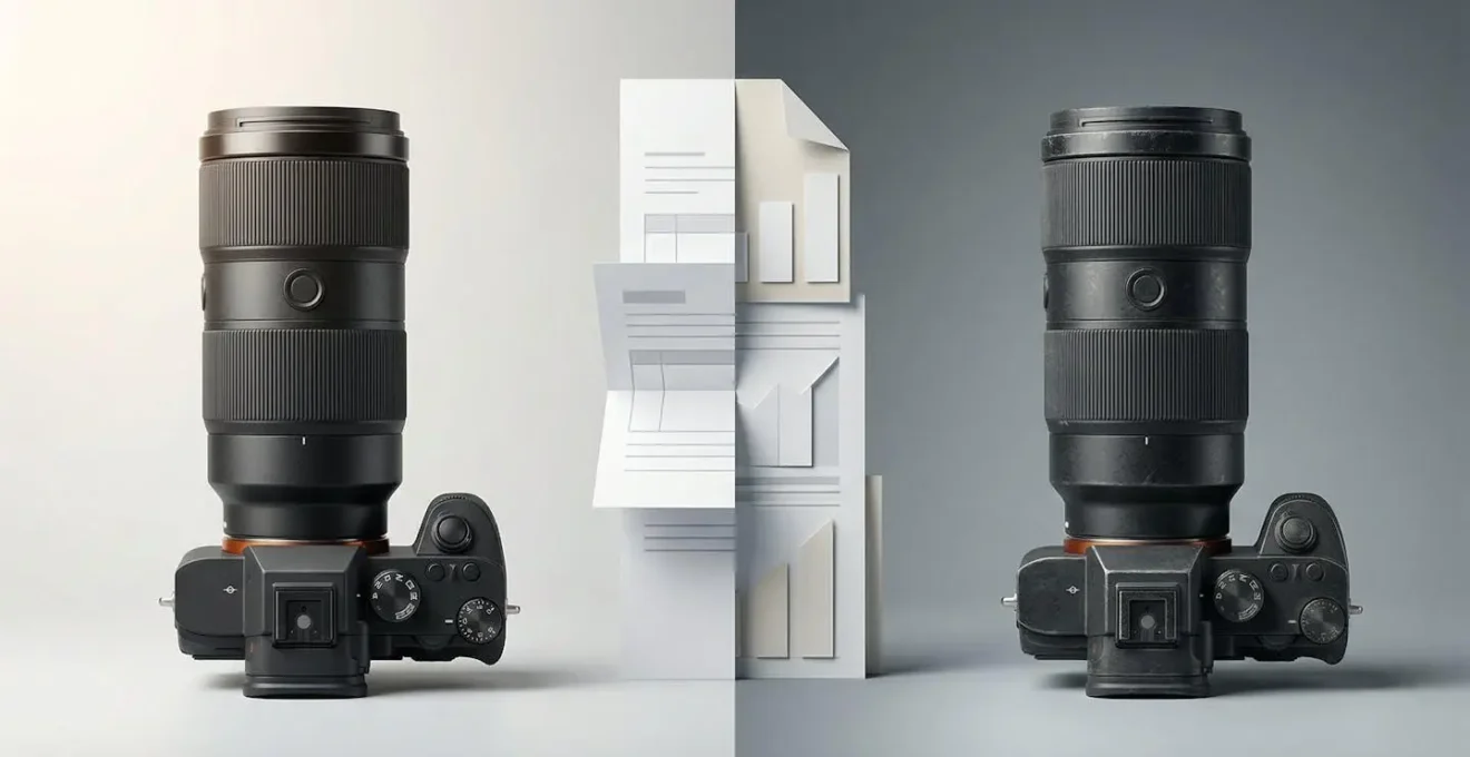 Matériel photographique et informatique professionnel avec représentation visuelle de la dépréciation
