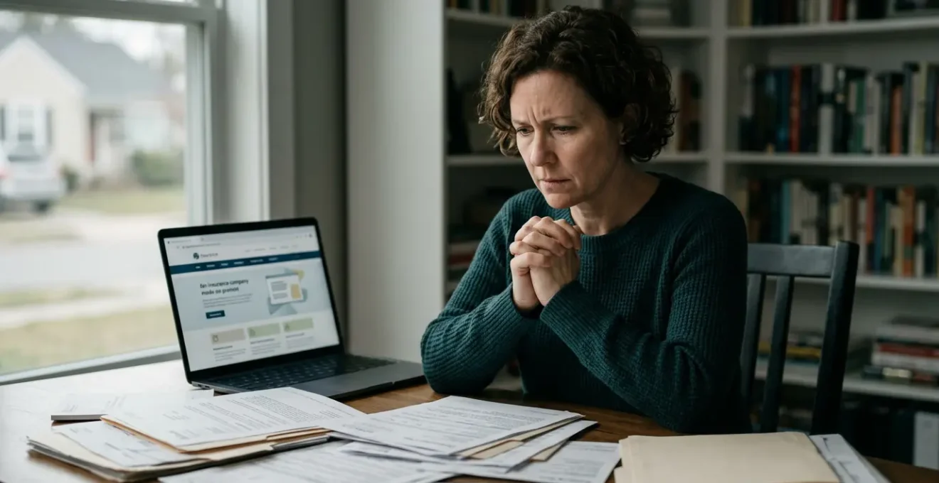 Conducteur inquiet devant documents administratifs et ordinateur recherchant une assurance auto après résiliation