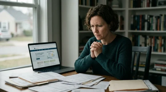 Conducteur inquiet devant documents administratifs et ordinateur recherchant une assurance auto après résiliation