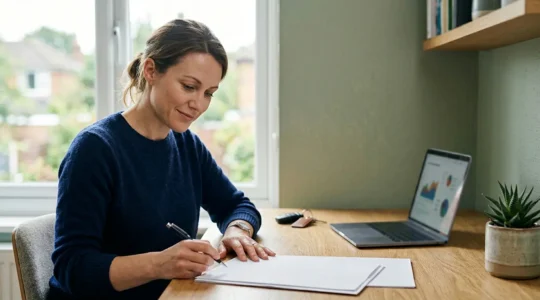 Conducteur réfléchi consultant des documents d'assurance automobile dans un bureau moderne