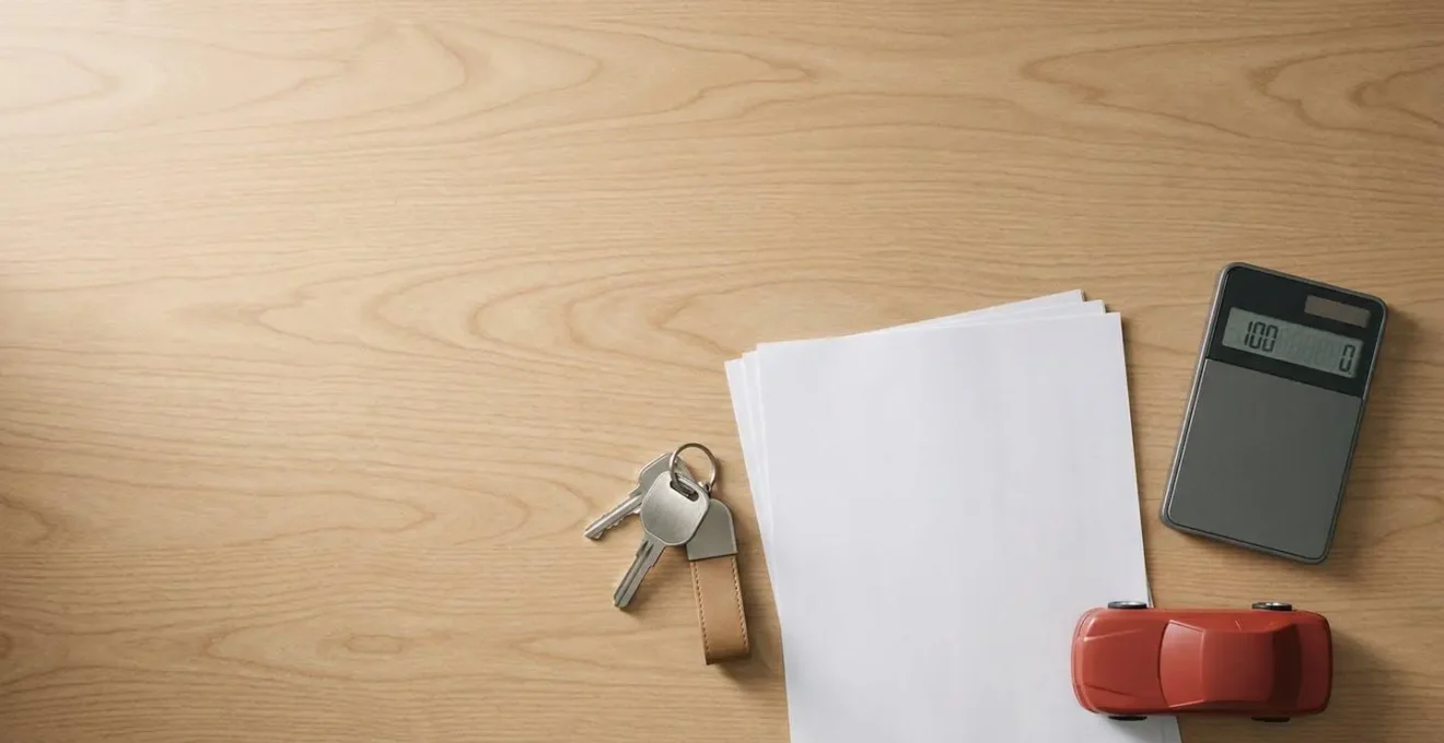 Vue aérienne de documents financiers et clés de voiture sur bureau en bois