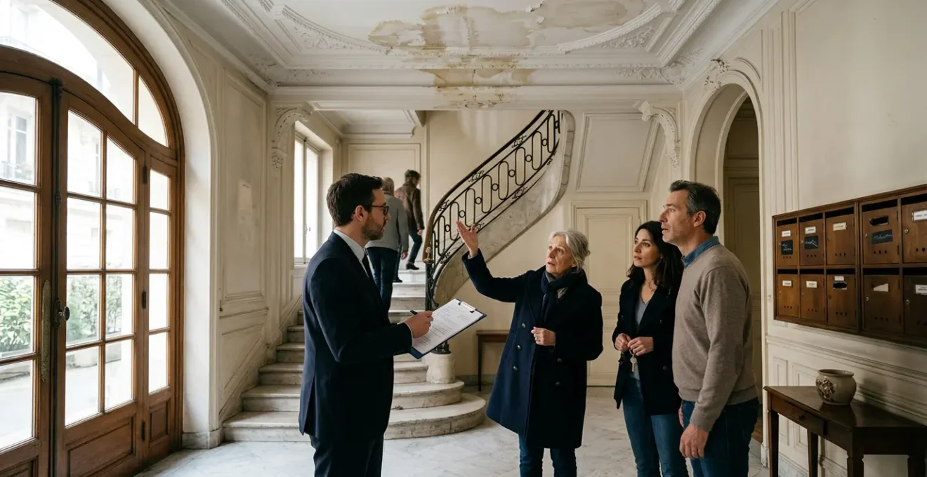 Halls d'entrée d'immeuble haussmannien français avec traces d'eau sur le plafond et copropriétaires discutant avec un expert en assurance