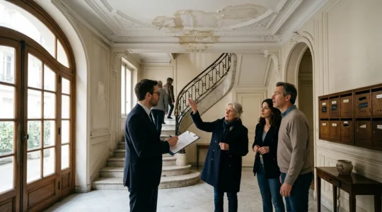 Halls d'entrée d'immeuble haussmannien français avec traces d'eau sur le plafond et copropriétaires discutant avec un expert en assurance