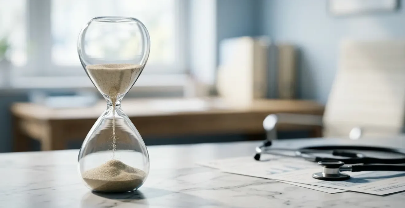 Concept visuel du délai de carence dans les mutuelles santé avec métaphore de l'attente et du temps qui passe