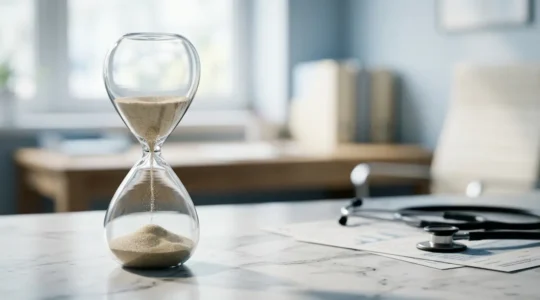 Concept visuel du délai de carence dans les mutuelles santé avec métaphore de l'attente et du temps qui passe