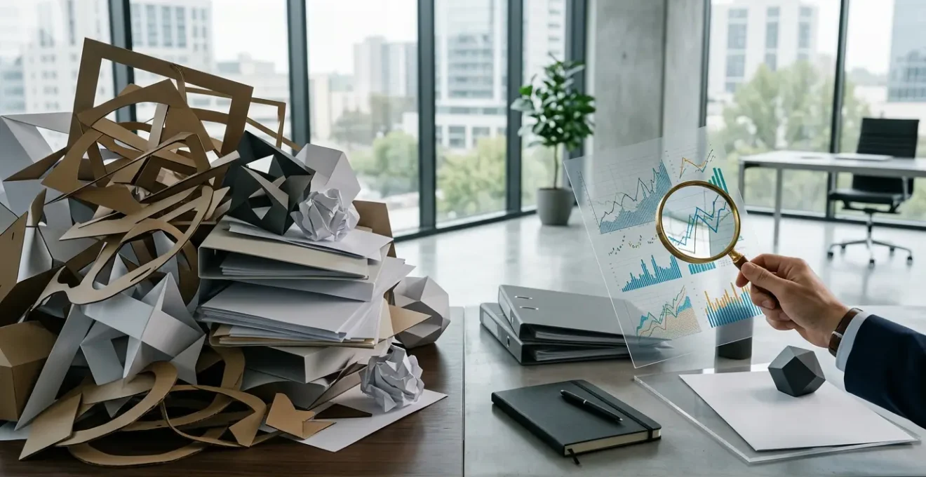 Vue en perspective d'un bureau minimaliste avec calculatrice, documents et signatures pour un prêt immobilier