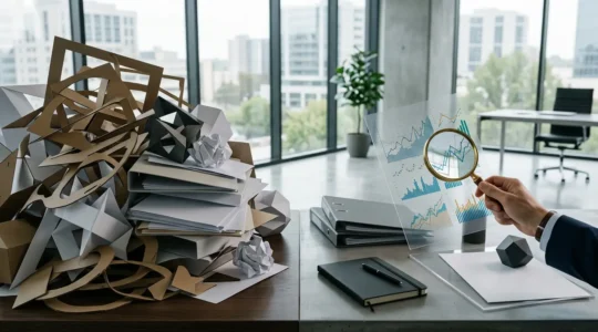 Vue en perspective d'un bureau minimaliste avec calculatrice, documents et signatures pour un prêt immobilier