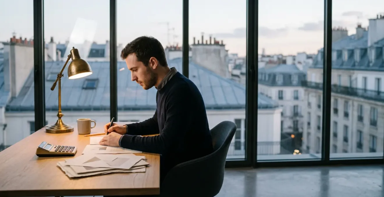 Entrepreneur consultant ses documents fiscaux et calculatrice pour optimiser ses déductions Madelin