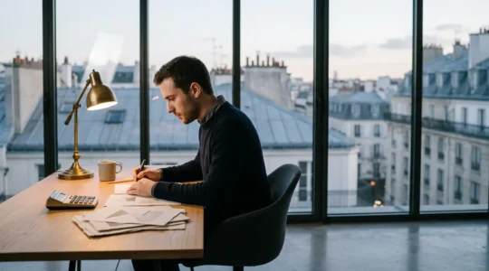 Entrepreneur consultant ses documents fiscaux et calculatrice pour optimiser ses déductions Madelin