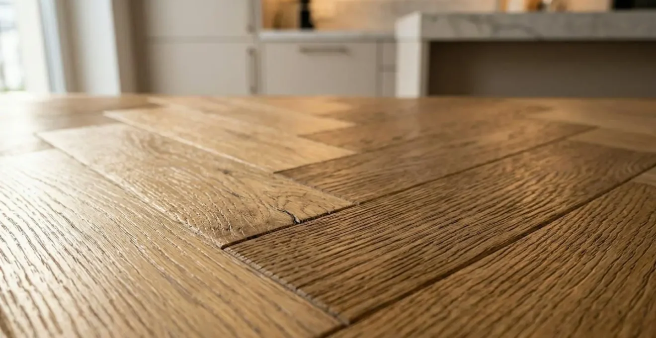 Gros plan sur parquet en bois massif avec reflets de lumière naturelle