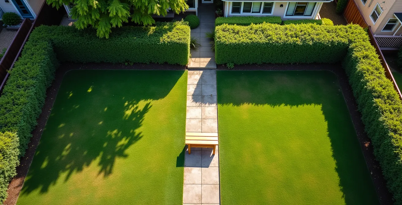 Vue aérienne minimaliste de deux jardins mitoyens séparés par une haie naturelle avec espace de dialogue au centre