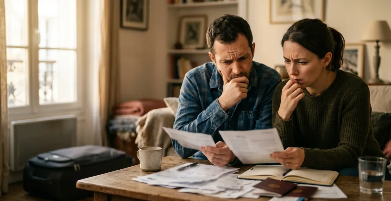 Couple consultant des documents d'assurance voyage avec préoccupation, papiers flous au premier plan